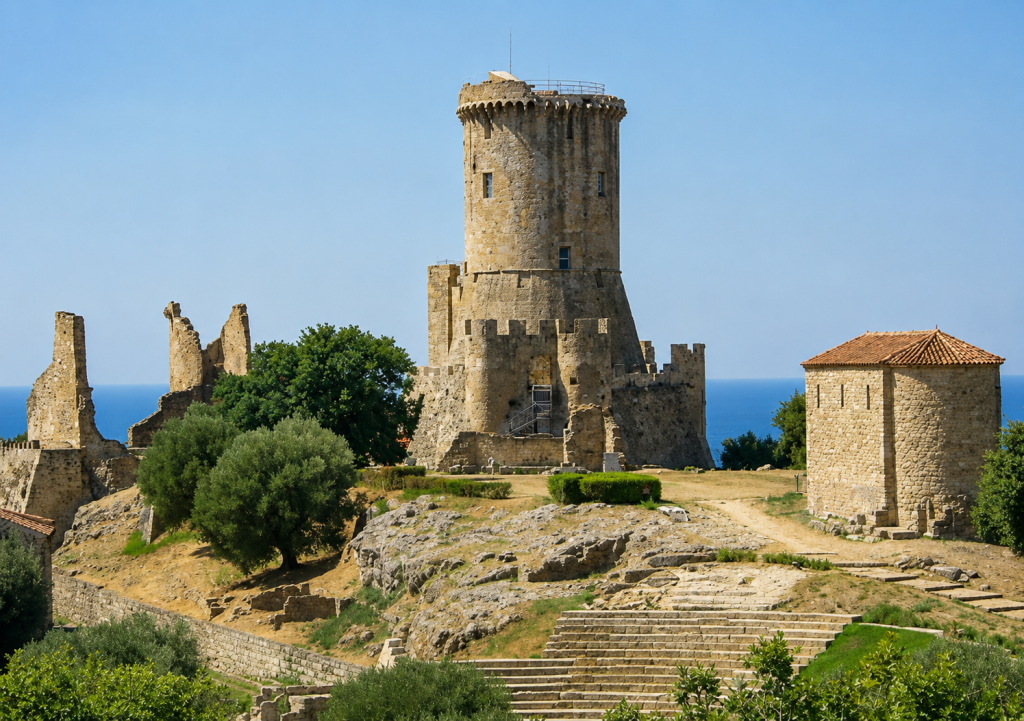 Panoramic view of Velia Castle, with its medieval tower and the Cilento coast in the background.
